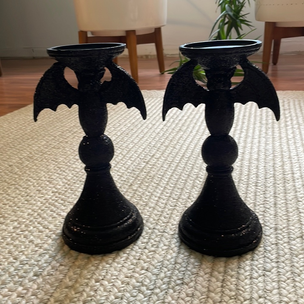 Black Glitter Bat Candle Holder Set- Halloween